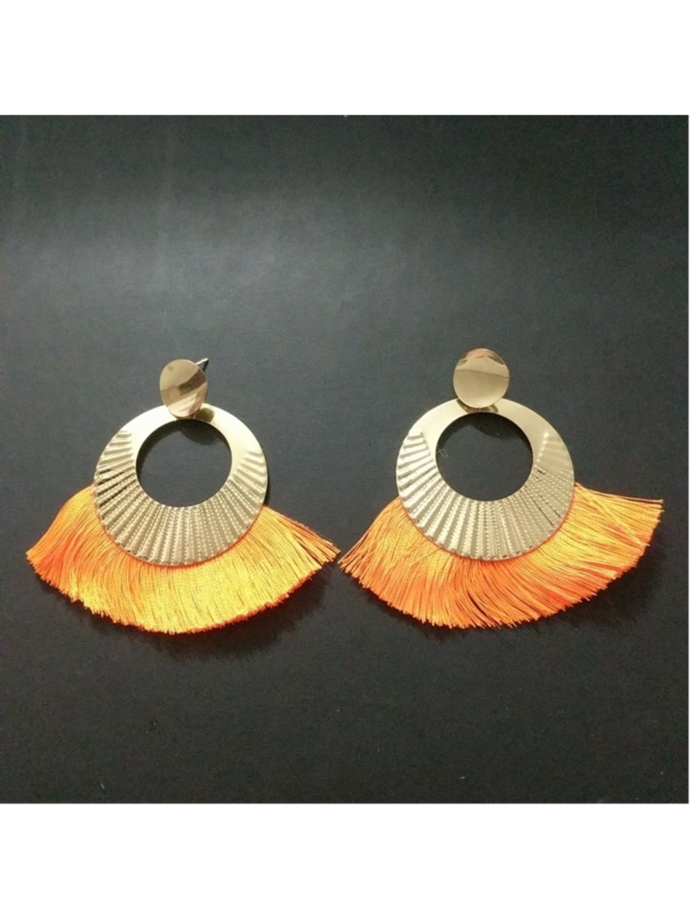 Gold Tone Hoop with Orange Silk Fringe Statement Earrings
